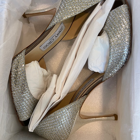 Sold : Jimmy Choo Logan Peep Toe Shimmer Metallic Champagne/Silver Heels (39 ) - Picture 10 of 15